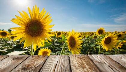 beautiful background of an empty plank table and a sunflower of the year with a place for the product lob lettering and a beautiful background of a field of sunflowers - obrazy, fototapety, plakaty