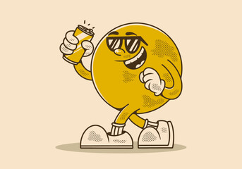 Vintage character of yellow ball head holding a beer can