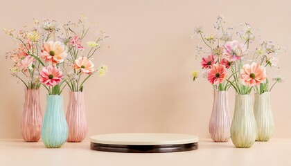 3d podium display pastel pink and beige background with flowers and decorative vases minimal pedestal for beauty product fashion feminine copy space template 3d render