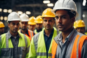 Team of construction workers, engineers or architects wearing hat and safety suit at construction building site