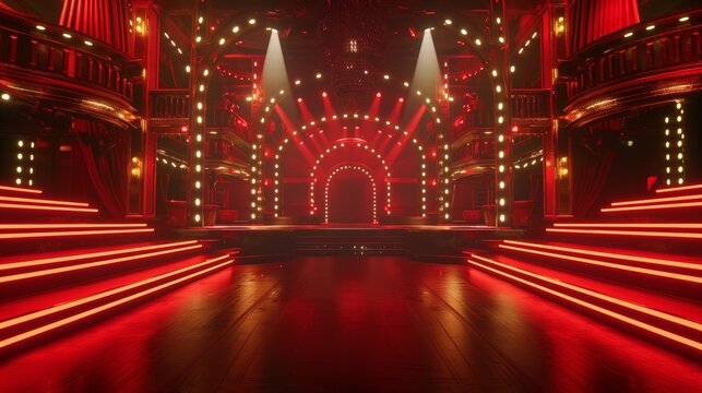 Empty red stage surrounded by many lights, in the style of cabaret theatre.
