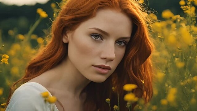 A redhead in the field of yellow flowers at the sunset
