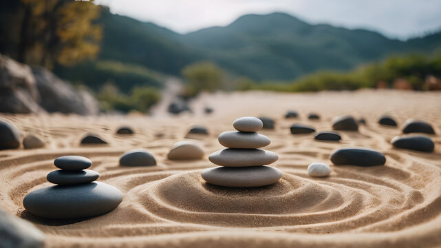 Balanced stones stack in sand  AI generated image, ai. Balanced stones stack in water.