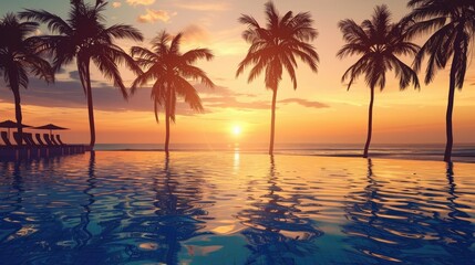 Fototapeta na wymiar Palm trees and swimming pool at tropical resort beach on sunset
