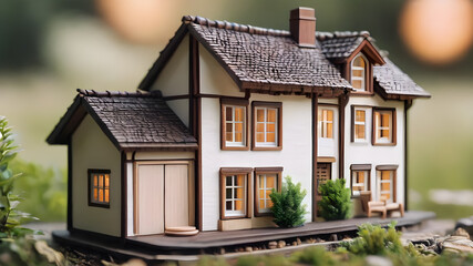 Fototapeta na wymiar House model. Property home and real estate insurance concept. miniature model house. Mortgage concep. AI generated image, ai..