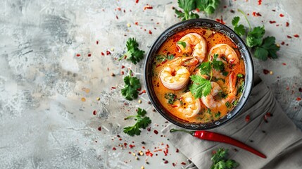 tom yum kung Spicy Thai soup with shrimp in a black bowl on a dark stone background - obrazy, fototapety, plakaty