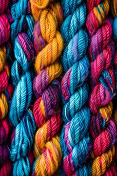 Generate a detailed texture stock photo aesthetic showcasing the interplay of vibrant threads in textile fibers at a microscopic level, clean sharp focus