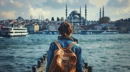 A tourist girl with a backpack is walking on a pier with ships and a city with mosques in the