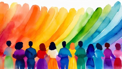 multicolored crowd a row of silhouettes of people drawing watercolor style multicultural society performance concert rainbow spectrum background gradient - obrazy, fototapety, plakaty