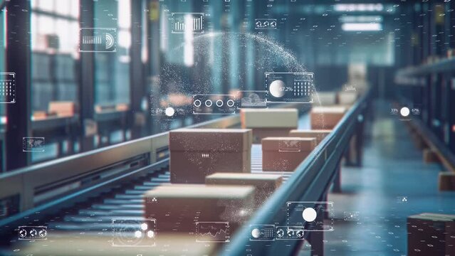 Industrial conveyor automation, packages in transit, interactive technology, warehouse management.