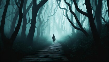 horror creepy foggy forest background with dark figure on path technology