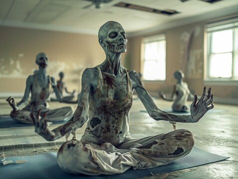 In a quiet yoga studio, zombies strive to find inner calmness and peace, stock photographic style