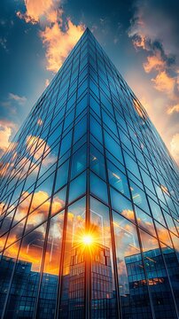 Innovative office building, sleek glass facade, reflecting the sky, set against a vibrant urban landscape, Realistic image, Silhouette lighting, HDR effect
