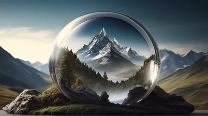 Poster crystal globe with small landscape inside and background with the same tone © joopaulo