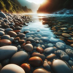 Smooth pebbles lining the edge of a crystal-clear stream, capturing the essence of tranquility in nature. --ar 16:9 --v 6.0 - obrazy, fototapety, plakaty