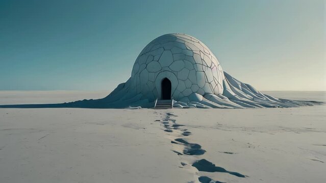 Distinctively designed igloo standing on snow-covered ground with a trail of footprints
