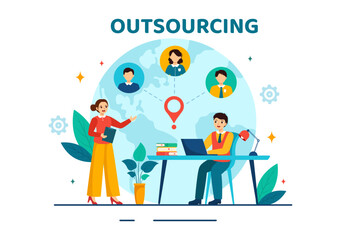 Fototapeta premium Outsourcing Business Vector Illustration with Idea of Teamwork, Company Development, Investment and Project Delegation in Flat Cartoon Background