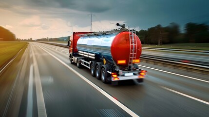 Motion blurred tanker truck on the highway. Industry and pollution concept. - obrazy, fototapety, plakaty