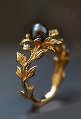 a gold ring, adorned with a lustrous black pearl