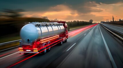 Motion blurred tanker truck on the highway. Industry and pollution concept. - obrazy, fototapety, plakaty