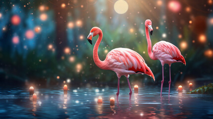 pink flamingo on the beach Hibiscus flamingos of the lake at sunset in the style of hype realistic animal portraits bokeh lights background  Fantasy Beautiful Pink Flamingo Standing In The Enchanting 