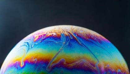 virtual reality space with abstract multicolor psychedelic planet closeup soap bubble like an alien planet on black background