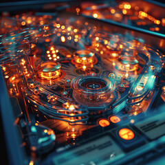 A close-up of a pinball machine, highlighting the vibrant lights and dynamic playfield