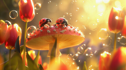 vibrant ladybugs converse atop a red mushroom surrounded by tulips and glistening bubbles - obrazy, fototapety, plakaty
