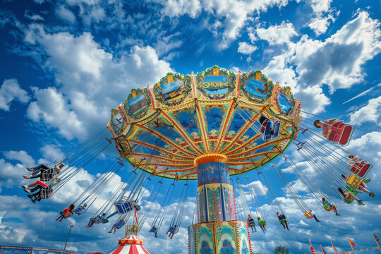 A joyful carnival ride in motion, with people suspended mid-air, against a backdrop of a clear blue sky