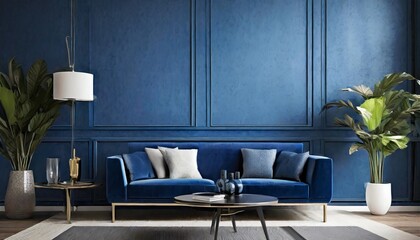 design of a modern living room with a dark blue sofa and a blue wall texture background design of a modern living room with a dark blue sofa and a blue wall texture background