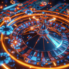 An intricately designed roulette wheel in sharp focus, with a lively casino atmosphere