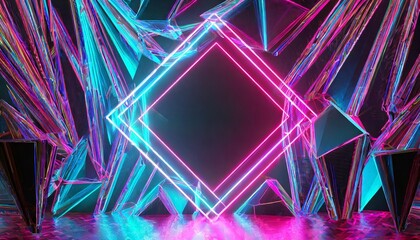 looping 3d animation abstract futuristic neon background with blank square frame and crystals pink blue glowing lines draw simple geometric shape spiritual fantasy