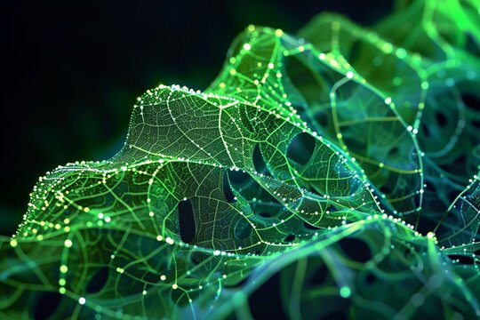 Transform a stock photo of a leaf's intricate network under a microscope into a mesmerizing art piece filled with vibrant green hues, 3D render