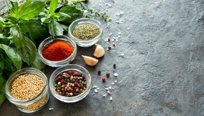 culinary background with spices cooking fresh herbs and spices in jars on a gray stone background