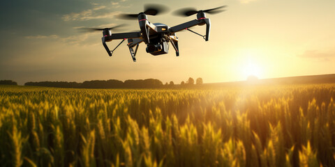 Quadcopter drone flying over field in nature panorama Agricultural drone flying over a lush green field