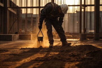 Silhouette construction worker pouring cement on building concrete floor at building construction site - obrazy, fototapety, plakaty