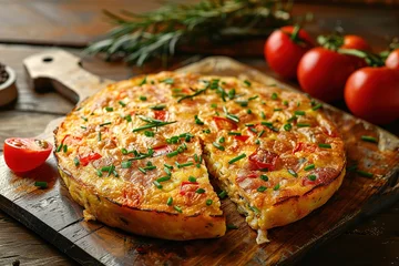 Poster Spanish omelette with potatoes and onion, typical Spanish cuisine. Tortilla espanola. © Vasiliy