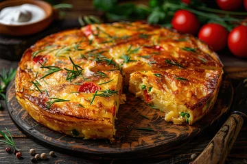 Poster Spanish omelette with potatoes and onion, typical Spanish cuisine. Tortilla espanola. © Vasiliy