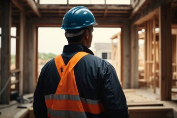 back view of construction worker foreman wearing hat and safety suit supervising construction at construction building site