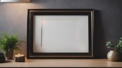  Artifical Intelligence generated image of interior with empty frame.   Blank picture frame hanging on wall, AI generated image