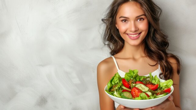 a woman is holding a salad bowl and smiles. healthy eating and diet concept.
