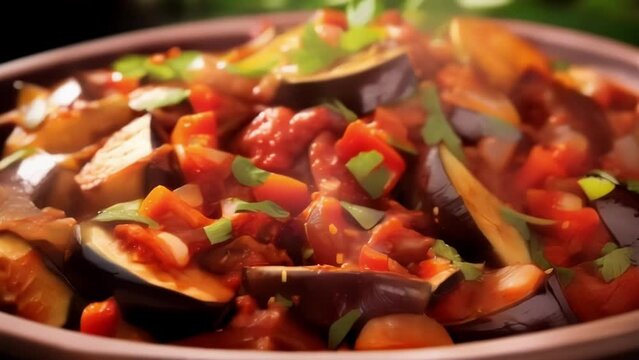 The natural sweetness of rid tomatoes harmoniously blends with the mild bitterness of saut ed eggplants, resulting in a beautifully balanced flavor profile in this Vegetable Ratatouille.
