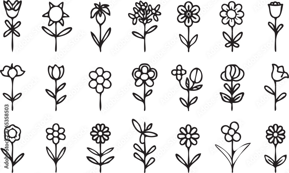 Wall mural Flowers Vector line icons  set outline on white background - Wall murals
