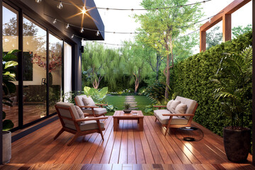 Modern contemporary style small wooden terrace with garden view 3d render, there are plank floor green wall fence decorated with white fabric furniture and string light