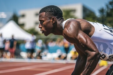 A focused athlete in starting position on a track field, ready to sprint.