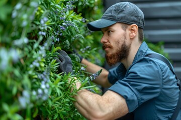 A focused gardener tends to urban greenery, nurturing plants with attentive care in an outdoor setting.