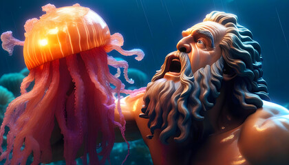 A statue of Zeus holding a jellyfish with its head torn off