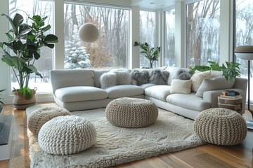 A spacious, snowy view through large windows complementing a modern white sofa and soft pouffes in a clean living room. - obrazy, fototapety, plakaty