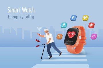Smart watch technology. Senior man accidentally falling on street with smartwatch heart monitoring and emergency calling service. Wearable technology. develops smart lifestyle. 3D Vector.