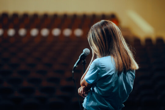 Sad Woman Not Ready to Speak in Public Rehearsing. Unhappy speaker feeling overwhelmed and stressed out